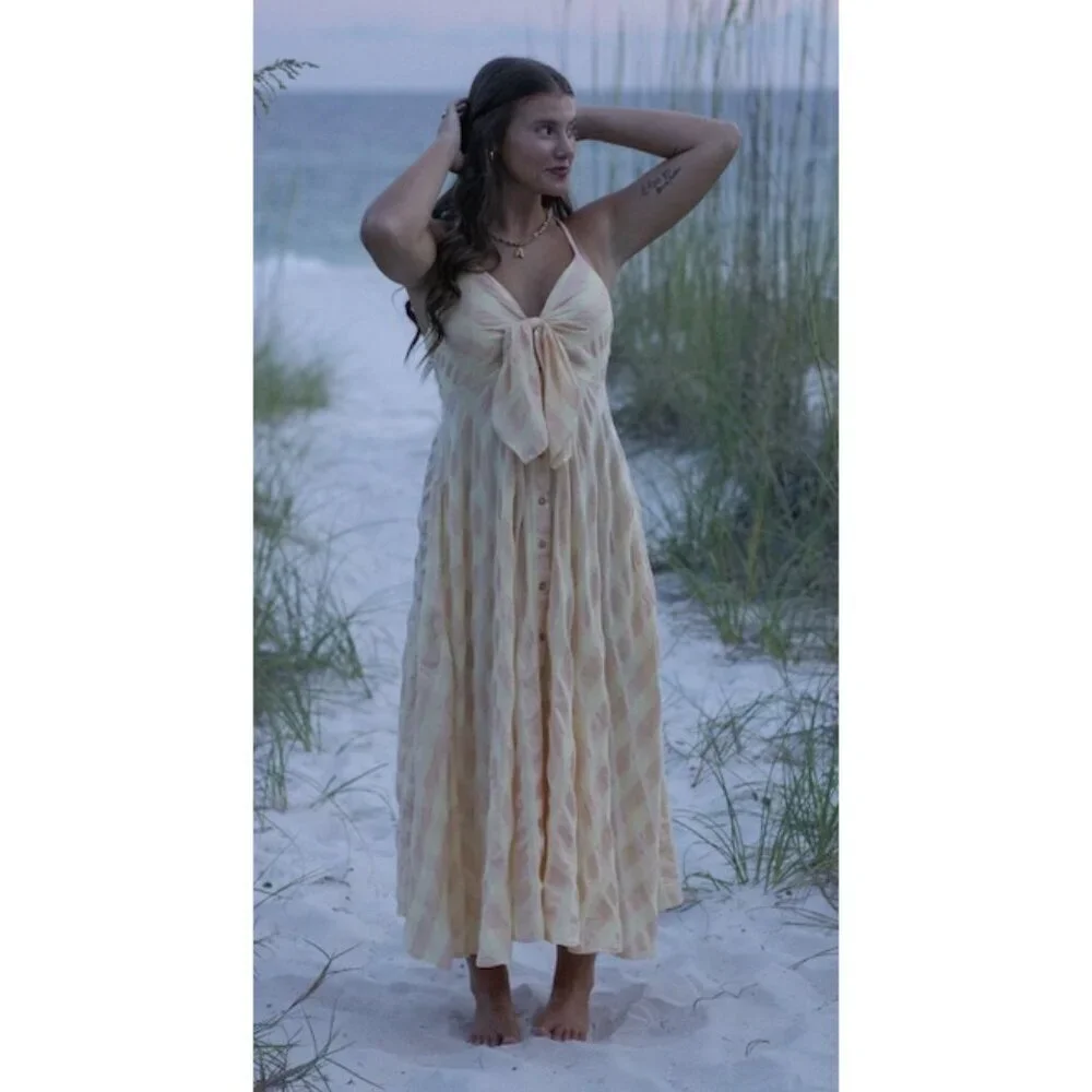 FREE PEOPLE Via Gingham Cotton Seersucker Sundress Creamsicle Combo Eve X-Small - Picture 3 of 11